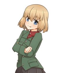 Rule 34 | 1girl, black skirt, blonde hair, blue eyes, bob cut, closed mouth, commentary, crossed arms, fang, girls und panzer, green jacket, jacket, katyusha (girls und panzer), long sleeves, looking at viewer, pleated skirt, pravda school uniform, red shirt, rico (rico-tei), school uniform, shirt, short hair, simple background, skirt, smile, solo, standing, turtleneck, white background