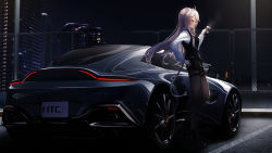 Rule 34 | 1girl, ahoge, animal ears, aston martin, aston martin vantage, black footwear, black shorts, black vest, boots, braid, brown pantyhose, car, chain-link fence, character name, commentary request, cup, fence, full body, grey eyes, grey hair, hand on own hip, hand up, high heel boots, high heels, highres, holding, holding cup, hololive, license plate, lion ears, lion girl, lion tail, long hair, looking away, motor vehicle, night, pantyhose, parted lips, revision, shirt, shishiro botan, shishiro botan (button-down), shorts, solo, sports car, standing, steam, tail, thigh strap, vehicle focus, vest, virtual youtuber, white shirt, you&#039;a