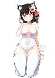 Rule 34 | 1girl, animal ears, arm support, azur lane, black hair, blunt bangs, breasts, casual one-piece swimsuit, choker, cleavage, closed mouth, cosplay, criss-cross halter, fang, full body, halterneck, highres, looking at viewer, mask, mask on head, medium breasts, navel, nosuku, one-piece swimsuit, red eyes, see-through, short hair, simple background, sitting, smile, solo, swimsuit, takao (azur lane), takao (azur lane) (cosplay), takao (beach rhapsody) (azur lane), thighhighs, wariza, white background, white one-piece swimsuit, white thighhighs, yamashiro (azur lane)