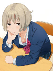 Rule 34 | 1girl, blue jacket, bow, bowtie, bra, breasts, brown eyes, chair, cleavage, collarbone, commentary request, desk, downblouse, head rest, jacket, light brown hair, long sleeves, looking at viewer, mattaku mousuke, medium breasts, open clothes, open shirt, original, parted lips, pink bra, plaid, plaid skirt, pleated skirt, red bow, red bowtie, school chair, school desk, school uniform, short hair, simple background, sitting, skirt, solo, underwear, undone bowtie, white background
