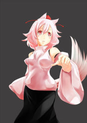 Rule 34 | 1girl, animal ears, bare shoulders, black background, blush, breasts, detached sleeves, hat, inubashiri momiji, looking up, pom pom (clothes), red eyes, short hair, silver hair, simple background, solo, sorato jun, tail, tokin hat, touhou, wolf ears, wolf tail