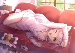 Rule 34 | 1girl, animal ears, arm up, bare legs, barefoot, bell, bottomless, byakuya reki, cat ears, collarbone, couch, doll, indoors, long hair, long sleeves, lying, naked shirt, on couch, on side, one eye closed, original, red upholstery, shirt, silver hair, solo, very long hair, window, yawning, yellow eyes