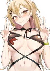 Rule 34 | 1girl, absurdres, bikini, black bikini, blonde hair, breasts, closed mouth, collarbone, double v, girls&#039; frontline, hair between eyes, highres, kuzumotsu, looking at viewer, medium breasts, navel, official alternate costume, ppk (foliage romance) (girls&#039; frontline), ppk (girls&#039; frontline), simple background, smile, solo, starfish, stomach, swimsuit, upper body, v, white background, yellow eyes