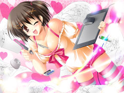 Rule 34 | 1girl, :d, bare shoulders, between breasts, breasts, brown hair, cleavage, drawing tablet, eraser, hair ornament, hairclip, highres, kamiya tomoe, large breasts, mouse (computer), one eye closed, open mouth, original, red eyes, short hair, shorts, smile, solo, striped clothes, striped thighhighs, thighhighs, tombow mono, wacom, wink, zettai ryouiki