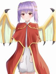 Rule 34 | 1girl, absurdres, aohane, bad hands, bracelet, capelet, closed mouth, coat, cowboy shot, dragon girl, dragon wings, dress, fire emblem, fire emblem: the sacred stones, frilled dress, frills, gold trim, green wings, hair tie, hands on own thighs, highres, jewelry, legs together, light smile, long hair, looking at viewer, multi-tied hair, myrrh (fire emblem), nintendo, open clothes, open coat, pale skin, purple hair, red capelet, red coat, red eyes, short dress, solo, standing, twintails, white background, white dress, wings, wristband, yellow wings