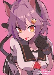Rule 34 | 1girl, animal ears, black gloves, breasts, cat ears, cat girl, cat tail, gloves, hair between eyes, hair ornament, highres, johssnny, kantai collection, large breasts, neck ribbon, orange eyes, orange ribbon, paw pose, pink background, pink hair, ribbon, short hair, simple background, solo, tail, tama (kancolle), tama kai ni (kancolle), tongue, tongue out, twitter username