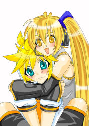 Rule 34 | 1boy, 1girl, akita neru, blonde hair, long hair, side ponytail, simple background, sitting, upper body, vocaloid, white background