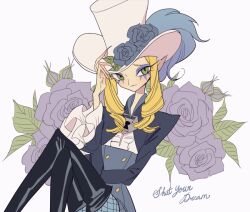 Rule 34 | 1boy, androgynous, blonde hair, blue flower, blue rose, closed mouth, commentary request, floral print, flower, go! princess precure, green eyes, hat, hat flower, keyhole, knees up, lock, long hair, long sleeves, looking at viewer, makeup, male focus, meremero, pointy ears, precure, purple flower, purple rose, rose, shut (go! princess precure), sitting, smile, solo, top hat, white background, white hat