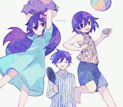 Rule 34 | 1girl, 2boys, :d, ^ ^, aubrey (headspace) (omori), aubrey (omori), ball, beachball, blue dress, bow, checkered clothes, checkered shirt, closed eyes, commentary request, copyright name, denim, denim shorts, dress, dress shirt, frying pan, hair bow, hector (rock) (omori), hero (headspace) (omori), hero (omori), highres, kel (headspace) (omori), kel (omori), long hair, medium hair, mr. plantegg, multiple boys, omori, open mouth, pink bow, purple eyes, purple hair, rock, shirt, short hair, shorts, simple background, smile, striped clothes, striped shirt, stuffed eggplant, stuffed toy, toukashi (2tou9), v-shaped eyebrows, white background