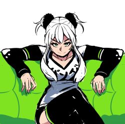 Rule 34 | 1girl, akairiot, black thighhighs, breasts, commentary, couch, crossed legs, double bun, english commentary, esports, green eyes, hair bun, hair ornament, hair scrunchie, highres, looking at viewer, mascot, medium breasts, pan-chan (panda global), panda global, scrunchie, short hair with long locks, sitting, smile, solo, thighhighs, white hair