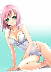 Rule 34 | 00s, 1girl, aqua background, bad id, bad pixiv id, cameltoe, collarbone, estellise sidos heurassein, gradient background, green eyes, highleg, highres, kneeling, official alternate costume, one-piece swimsuit, pink hair, short hair, skybean, solo, swimsuit, tales of (series), tales of vesperia, wet, white background, white one-piece swimsuit