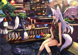 Rule 34 | 3girls, animal ear fluff, animal ears, bird, blonde hair, blurry, blurry background, building, facing viewer, fox ears, fox tail, japanese clothes, long hair, looking to the side, miko, multiple girls, multiple tails, original, outdoors, penguin, red eyes, sailor collar, silver hair, sitting, sleeveless, soaking feet, tail, tree, water, yoshizawa tsubaki