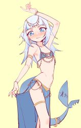 Rule 34 | 1girl, absurdres, alternate costume, arm up, armlet, blue eyes, blue hair, blush, bracelet, dancer, eds, female focus, flat chest, gawr gura, harem outfit, highres, hololive, hololive english, jewelry, pelvic curtain, smile, solo, thighlet, virtual youtuber, white hair