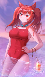 Rule 34 | 1girl, angelina (arknights), angelina (summer flower) (arknights), animal ears, arknights, casual one-piece swimsuit, deriolet, female focus, highres, one-piece swimsuit, red eyes, red one-piece swimsuit, solo, swimsuit, twintails