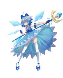 Rule 34 | 1girl, absurdres, ahoge, blue dress, blue eyes, blue hair, bow, cirno, dress, full body, gloves, hair bow, highres, holding, ice, ice wings, kaze 22, mary janes, puffy short sleeves, puffy sleeves, red ribbon, ribbon, shoes, short hair, short sleeves, solo, thighhighs, touhou, white background, white thighhighs, wings