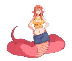 Rule 34 | 10s, 1girl, bare shoulders, breasts, cleavage, cleavage cutout, clothing cutout, contrapposto, crop top, fang, hair ornament, hairclip, hands on own hips, lamia, large breasts, light smile, long hair, looking at viewer, midriff, miia (monster musume), monster girl, monster musume no iru nichijou, navel, pencil skirt, pointy ears, red hair, scales, skirt, sleeveless, narrow waist, slit pupils, smile, snake tail, solo, standing, tail, vins-mousseux, yellow eyes
