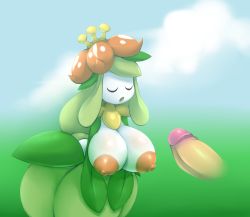 Rule 34 | 1girl, blue background, blue sky, breasts, closed eyes, cloud, creatures (company), crown, day, disembodied penis, elfdrago, erection, flower, game freak, gen 5 pokemon, gradient background, green background, green hair, hair flower, hair ornament, highres, huge breasts, large areolae, leaning forward, lilligant, long hair, mini crown, nintendo, nipples, no humans, open mouth, outdoors, own hands together, penis, pokemon, pokemon (creature), pokemon bw, red flower, simple background, sky, solo, standing, uncensored, v arms