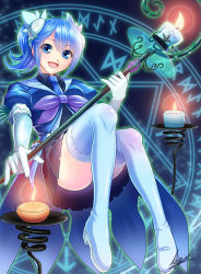 Rule 34 | 1girl, aromage rosemary, black skirt, blue eyes, blue hair, blue thighhighs, bow, candle, convenient censoring, duel monster, elbow gloves, gloves, hair ornament, kyu (wein-seria), looking at viewer, magic circle, matching hair/eyes, necktie, open mouth, short hair, skirt, smile, solo, staff, thighhighs, white gloves, yu-gi-oh!