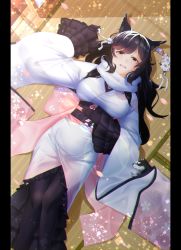 Rule 34 | 1girl, :d, absurdres, animal, animal ears, atago (azur lane), atago (hallmarks of winter) (azur lane), azur lane, black hair, black pantyhose, blush, breasts, carrying, cleavage, day, dog, egasumi, feet out of frame, frilled kimono, frills, from above, hand on own stomach, hand up, highres, husky, indoors, japanese clothes, kagiyama (clave), kimono, large breasts, layered sleeves, lens flare, long hair, long sleeves, looking at viewer, mole, mole under eye, obi, on floor, open mouth, pantyhose, petals, pillarboxed, princess carry, puppy, sash, scarf, sliding doors, smile, solo, sunlight, swept bangs, tatami, white kimono, white scarf, wide sleeves