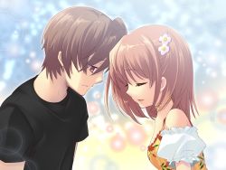 Rule 34 | 1boy, 1girl, :d, ahoge, brown hair, casual, choker, detached sleeves, closed eyes, flat chest, floral print, flower, flyable heart, forehead-to-forehead, game cg, glowing, hair ornament, hairclip, heads together, highres, inaba yui, ito noizi, katsuragi shou, open mouth, pink eyes, plaid, shirt, short hair, smile, t-shirt