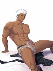 Rule 34 | 1boy, abs, archer (fate), bara, bulge, chachi (soulga), dark-skinned male, dark skin, erection, erection under clothes, fate/grand order, fate (series), feet out of frame, large pectorals, looking at viewer, male focus, male underwear, muscular, muscular male, navel, navel hair, nipples, pectorals, penis, penis peek, see-through, short hair, legwear garter, solo, stomach, thick thighs, thighs, underwear, underwear only, wet, wet clothes, wet male underwear, white hair, white male underwear