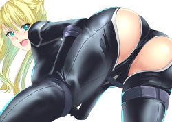 Rule 34 | 10s, 1girl, angry, aqua eyes, ass, bad id, bad pixiv id, bent over, blonde hair, bodysuit, breasts, female focus, from behind, large breasts, long hair, looking at viewer, looking back, nancy lee, ninja slayer, ponytail korosuke, simple background, solo, white background