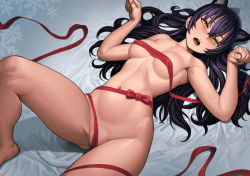 Rule 34 | 1girl, armpits, barefoot, bed sheet, black hair, blake belladonna, breasts, breasts apart, fat mons, fingernails, grey background, hair between eyes, has bad revision, knee up, lasterk, long hair, lying, md5 mismatch, medium breasts, naked ribbon, navel, nude, on back, open mouth, paw pose, red ribbon, resolution mismatch, ribbon, rwby, snowflakes, solo, source smaller, yellow eyes