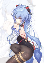 Rule 34 | 1girl, absurdres, ahoge, ass, back, backless outfit, bare shoulders, black legwear, black leotard, blue hair, bow, bowtie, chinese knot, unworn clothes, curled horns, detached sleeves, flower knot, from side, ganyu (genshin impact), genshin impact, highres, horns, kuroida, leotard, leotard under clothes, long hair, looking at viewer, low ponytail, no gloves, purple eyes, simple background, tassel, thighlet, very long hair, white background, white sleeves