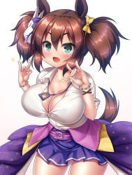 Rule 34 | 1girl, animal ears, belt, blue eyes, breasts, brown hair, cleavage, collarbone, commentary request, double fox shadow puppet, fang, fox shadow puppet, horse ears, horse tail, huge breasts, inari one (umamusume), jewelry, large breasts, necklace, simple background, solo, tail, takeponi, twintails, umamusume, white background