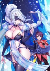 Rule 34 | 1boy, 1girl, arm at side, blindfold, blue eyes, braid, breasts, cleavage, closed mouth, cover, cover page, earrings, fingerless gloves, fingernails, gloves, hand up, harness, highres, holding, holding sword, holding weapon, jewelry, long fingernails, long hair, mappaninatta, medium breasts, mole, mole on breast, mole under mouth, nail polish, novel cover, o-ring, official art, pants, pawahara seijo, pelvic curtain, ponytail, purple hair, revealing clothes, see-through, short hair, snowing, sword, thighhighs, weapon, white hair