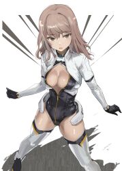 Rule 34 | 1girl, absurdres, airport96, alice gear aegis, black gloves, black leotard, commentary request, cropped jacket, full-length zipper, gloves, highres, jacket, leotard, open mouth, pink hair, solo, white jacket, yellow eyes, yotsuya yumi, zipper