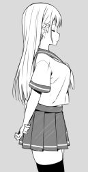 Rule 34 | 10s, 1girl, arms behind back, black thighhighs, breasts, closed eyes, closed mouth, eyebrows, female focus, from side, greyscale, hair ornament, hairclip, highres, kantai collection, long hair, medium breasts, monochrome, pleated skirt, school uniform, serafuku, simple background, sketch, skindentation, skirt, sky-freedom, solo, standing, thighhighs, zettai ryouiki