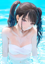 Rule 34 | 1girl, alternate costume, alternate hairstyle, ameyame, bandeau, bikini, black eyes, black hair, breasts, closed mouth, collarbone, commentary request, highres, idolmaster, idolmaster shiny colors, kazano hiori, long hair, looking at viewer, mole, mole under mouth, navel, partially submerged, reflection, reflective water, refraction, small breasts, smile, solo, strapless, strapless bikini, swimsuit, twintails, upper body, water drop, white bikini