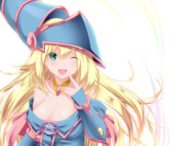 Rule 34 | 1girl, ;d, arm at side, armor, bare shoulders, blonde hair, blue dress, blush, breasts, brooch, calcio, collarbone, dark magician girl, detached collar, dress, duel monster, eyebrows, eyes visible through hair, finger to mouth, gem, green eyes, hair between eyes, hair over one eye, helmet, highres, jewelry, large breasts, long hair, off-shoulder dress, off shoulder, one eye closed, open mouth, pentagram, red gemstone, simple background, smile, solo, star (symbol), topaz (stone), upper body, very long hair, white background, yu-gi-oh!, yu-gi-oh! duel monsters