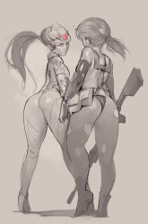 Rule 34 | 2girls, ass, crossover, female focus, from behind, greyscale, gun, head-mounted display, highres, konami, looking back, metal gear (series), metal gear solid v: the phantom pain, monochrome, multiple girls, norasuko, overwatch, overwatch 1, pantyhose, power connection, quiet (metal gear), rifle, sketch, sniper rifle, spot color, torn clothes, torn legwear, weapon, widowmaker (overwatch)