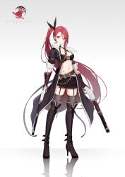 Rule 34 | 1girl, absurdres, bandolier, black thighhighs, boots, breasts, cleavage, clothing cutout, cross-laced clothes, cross-laced cutout, cross-laced top, eyes visible through hair, full body, garter straps, gradient background, grey background, gun, hair over one eye, high heel boots, high heels, highres, lever action, long hair, miniskirt, original, quan (kurisu tina), reflection, reflective floor, skirt, solo, standing, stomach, tagme, tattoo, thighhighs, very long hair, weapon, white background