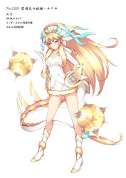 Rule 34 | 1girl, aqua eyes, blonde hair, dean (momodean), dress, hand on own hip, highres, horns, long hair, looking at viewer, profile, puzzle &amp; dragons, sakuya (p&amp;d), solo, tail, white dress