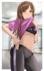 Rule 34 | 1girl, :t, absurdres, bad id, bad pixiv id, black pants, blurry, blurry background, blush, border, breasts, brown eyes, brown hair, closed mouth, clothes lift, contrapposto, cowboy shot, depth of field, highres, idolmaster, idolmaster cinderella girls, indoors, lifting own clothes, medium breasts, navel, nitta minami, outside border, pants, parted bangs, pink shirt, pout, shirt, shirt lift, short sleeves, sports bra, stomach, sweat, white border, yj, yoga pants