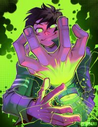 Rule 34 | 1boy, artist name, ben 10, ben 10: ultimate alien, ben tennyson, brown hair, commentary, english commentary, facing viewer, glowing, green eyes, green jacket, highres, jacket, male focus, obarii, omnitrix, short hair, smile, solo, upper body