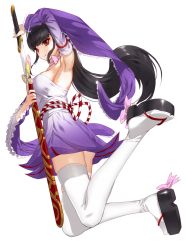 Rule 34 | 1girl, black hair, bow, bowtie, breasts, detached sleeves, dress, eyeshadow, full body, holding, holding sword, holding weapon, kfr, long hair, looking at viewer, makeup, original, red hair, sandals, sheath, simple background, smile, solo, sword, thighhighs, unsheathing, very long hair, weapon, white background, white thighhighs