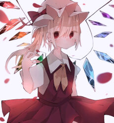 Rule 34 | 1girl, ascot, blonde hair, closed mouth, crystal, crystal wings, flandre scarlet, hat, highres, looking at viewer, medium hair, mob cap, nacht musik, red eyes, short sleeves, side ponytail, simple background, solo, touhou, white background, wings, yellow ascot