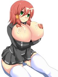 Rule 34 | 1girl, blush, breasts, breasts out, cum, cum on body, cum on breasts, cum on hair, cum on upper body, facial, female focus, green eyes, huge breasts, nipples, nira, puffy nipples, red hair, simple background, sitting, skirt, smile, solo, thighhighs, white background, white thighhighs