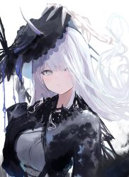 Rule 34 | 1girl, :/, blue eyes, blunt bangs, expressionless, floating hair, gloves, hair over one eye, hand up, hat, highres, long hair, looking at viewer, original, silver hair, simple background, solo, tilted headwear, upper body, white background, yu-dachi