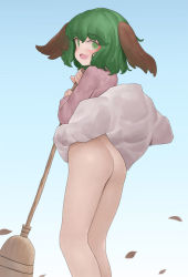 Rule 34 | 1girl, animal ears, ass, bad id, bad pixiv id, blue background, bottomless, broom, clothes lift, dog ears, dress, dress lift, fang, from behind, green eyes, green hair, holding, kasodani kyouko, leaf, long sleeves, looking at viewer, looking back, medium hair, ni (221), no panties, open mouth, pink dress, smile, solo, touhou, wind, wind lift