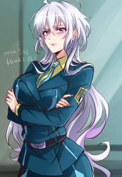 Rule 34 | 1girl, absurdres, aged up, breasts, breasts squeezed together, crossed arms, dated, highres, kiraki, large breasts, long hair, md5 mismatch, necktie, purple eyes, senki zesshou symphogear, silver hair, solo, uniform, yukine chris