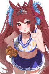 Rule 34 | 1girl, absurdres, animal ears, bare shoulders, blush, breasts, brown hair, cheerleader, collarbone, commentary request, cowboy shot, crop top, daiwa scarlet (umamusume), dress, fang, highres, holding, holding pom poms, horse ears, horse girl, horse tail, large breasts, long hair, looking at viewer, midriff, miniskirt, navel, open mouth, pleated dress, pom pom (cheerleading), pom poms, purple eyes, request inset, skirt, smile, solo, tail, tiara, twintails, umamusume, yokawa nagi