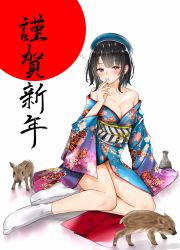 Rule 34 | 1girl, 2019, bare shoulders, black hair, blue hat, blush, boar, breasts, c-da, fingers to mouth, floral print, hat, highres, japanese clothes, kantai collection, kimono, large breasts, looking at viewer, new year, obi, pig, red eyes, sash, shadow, short hair, simple background, sitting, solo, tabi, takao (kancolle), translation request, white legwear