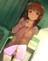 Rule 34 | 1girl, blunt bangs, bow, bow panties, breasts, brown eyes, brown hair, clothing aside, collarbone, commentary request, curtains, dutch angle, hand on own chest, highres, idolmaster, idolmaster cinderella girls, indoors, long hair, long sleeves, looking at viewer, ogata chieri, orange bow, pajamas, panties, panties aside, print pajamas, revision, seneto, small breasts, solo, star (symbol), star print, underwear, white panties
