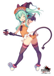 Rule 34 | 10s, 1girl, 2015, ;d, arm strap, ass, black gloves, black thighhighs, blush, dated, demon tail, fang, flat ass, floating hair, full body, gloves, grand harem, green eyes, green hair, hat, index finger raised, logo, long hair, matching hair/eyes, official art, one eye closed, open mouth, orange panties, panties, pointing, pokachu, sidelocks, simple background, sleeveless, smile, solo, staff, tail, thighhighs, twintails, twisted torso, underwear, wand, white background, witch hat