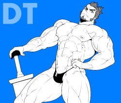 Rule 34 | 1boy, abs, bara, bikini briefs, blue background, blue theme, bulge, character request, copyright request, facial hair, from below, goatee, ixion saga, ixion saga dt, large pectorals, long sideburns, looking at viewer, mabataki, male focus, male underwear, mature male, monochrome, muscular, muscular male, navel, nipples, pectorals, planted, planted sword, planted weapon, short hair, sideburns, solo, stomach, sword, thick eyebrows, thick thighs, thighs, underwear, underwear only, veins, weapon